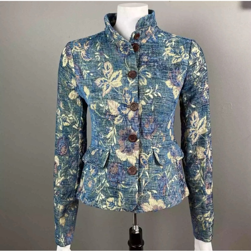 Edun jacket size small blue floral button up long sleeve